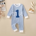 thumbnail image 2 of YDFCWXW Baby Boy Girl 1st Birthday Outfit One Birthday Embroidery Waffle Romper Long Sleeve Oversized Jumpsuit One Year Old (Blue, 6-12 Months), 2 of 9