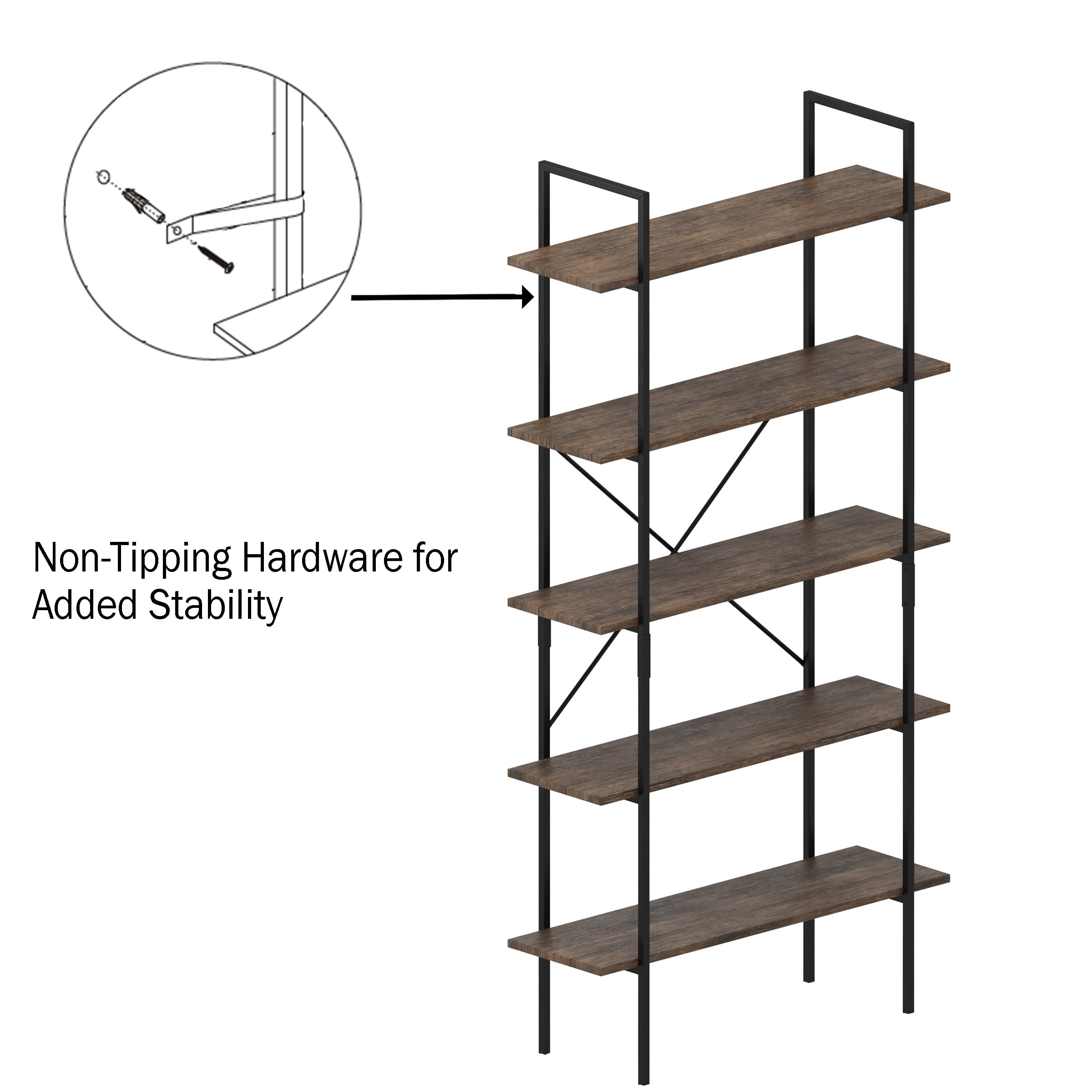 Lavish Home 5-Tier Bookshelf Industrial Style Freestanding Wooden Bookcases, Brown Woodgrain, Set of 2