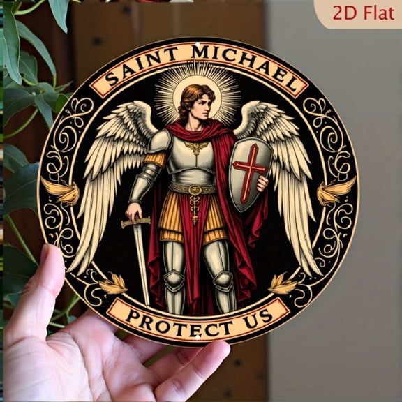 HELLOYOUNG Saint Michael Angel Wall Art 8x8 Round Metal Sign Protective Guardian Decor for Bedroom Kitchen Office