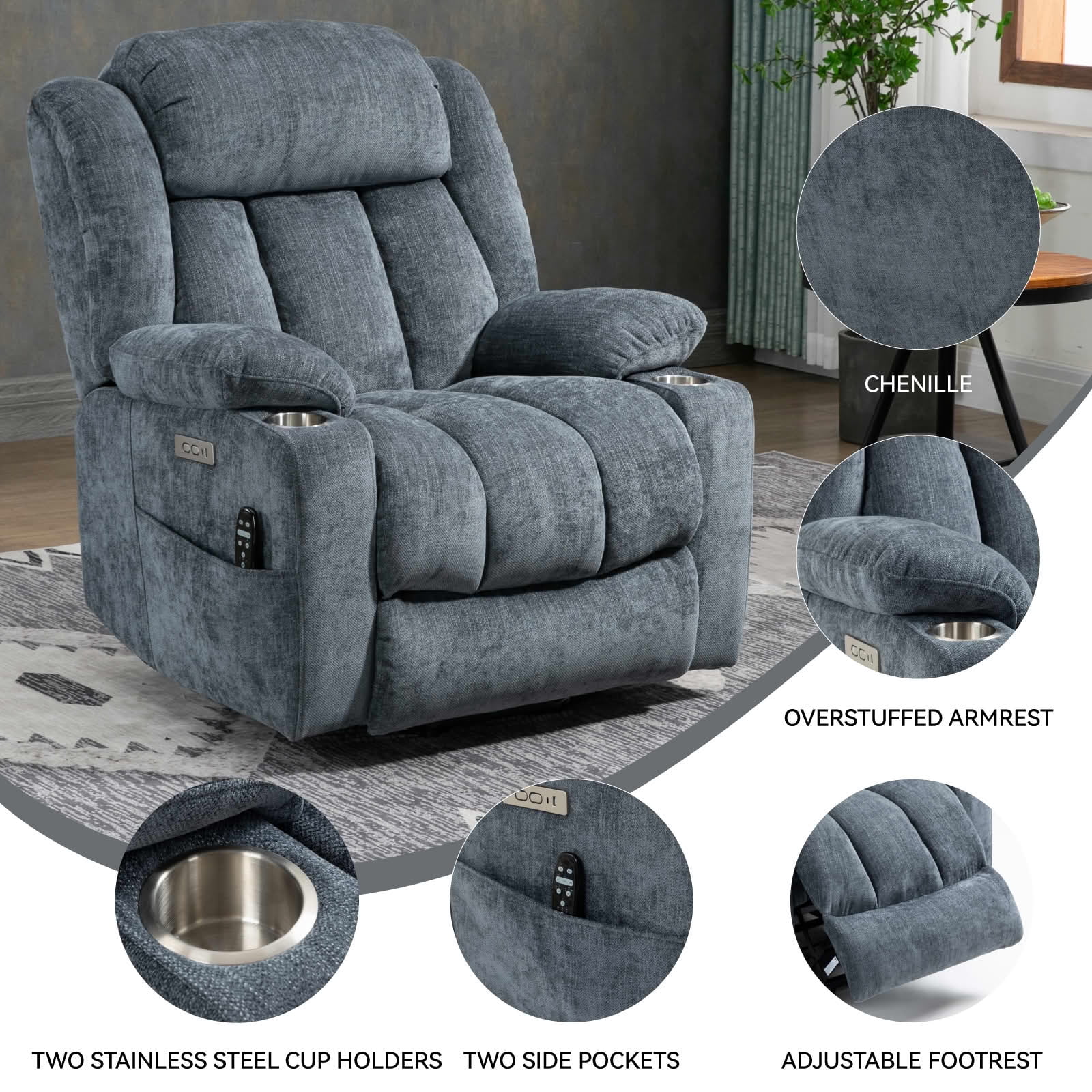 MAYEERTY Brown 350lbs Power Lift Recliner Chair, 8-Point Massage Heat USB Cup Holders 40"x36"x45" for Elderly