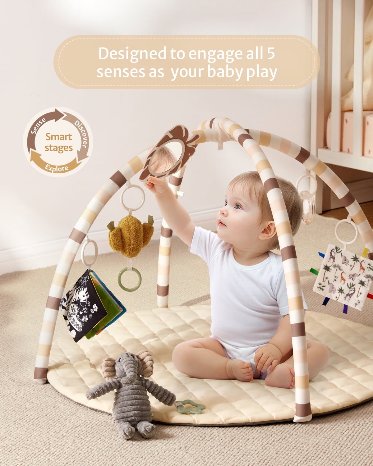 Blissful Diary Baby Play Gym Activity Mat, Tummy Time Mat Play Mat with 6 Sensory Toys for Motor Skill Development, Newborn Infant Baby Essentials Gift for Boys Girls, Oatmeal Beige