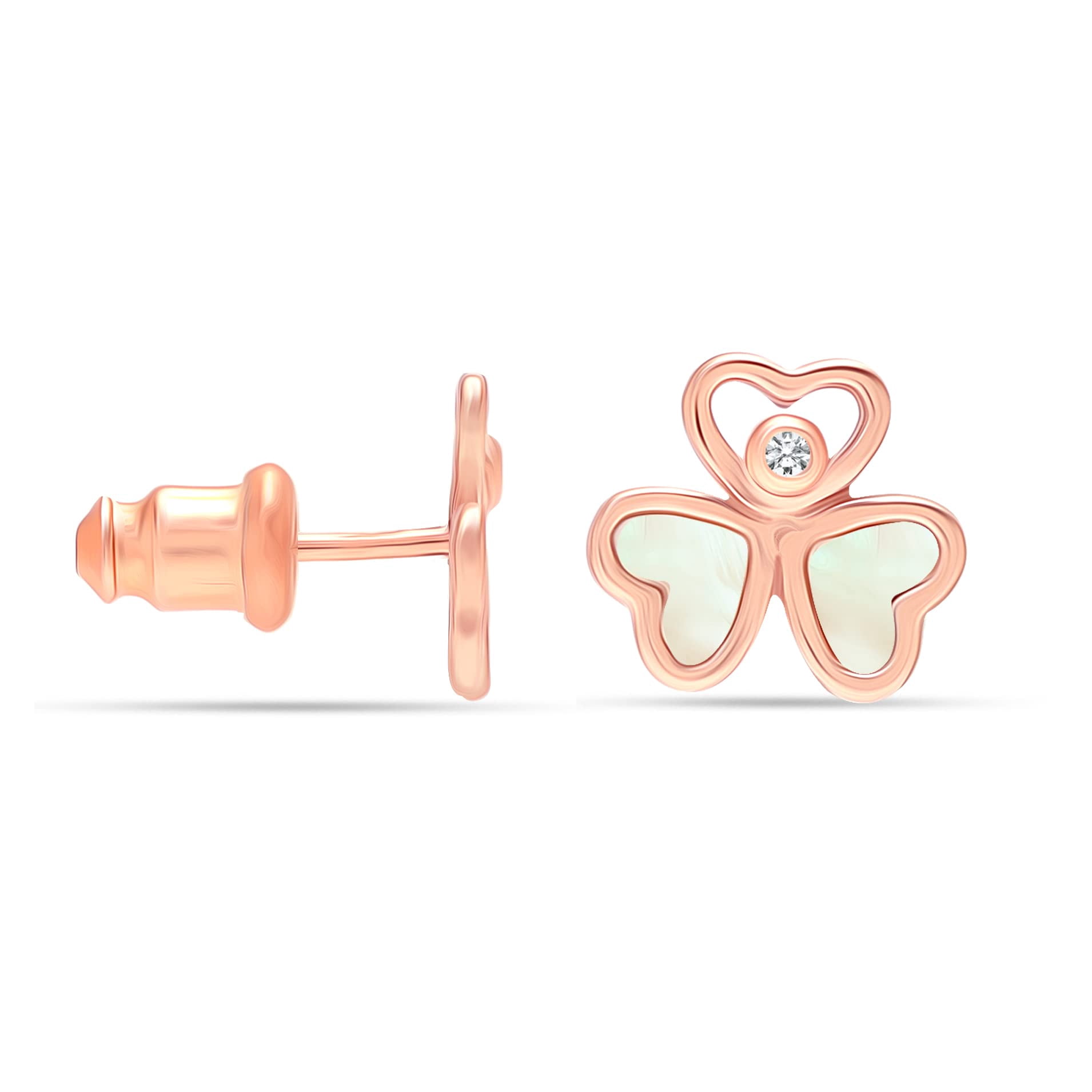 LeCalla 925 Sterling Silver Rose Gold-Plated Mother of Pearl Happy Hearts Wings Stud Earrings for Women and Teen 10MM