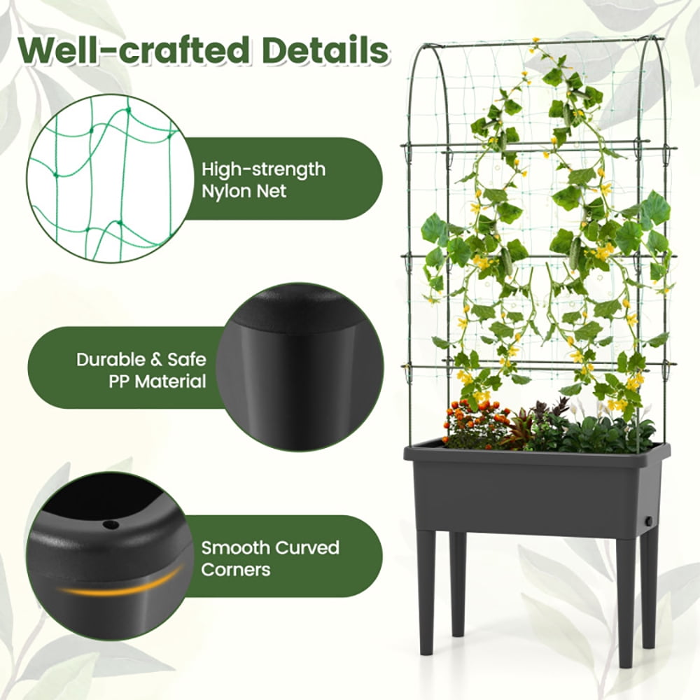 Yardi Yard Self-watering Raised Garden Bed Elevated Planter with Climbing Trellis-Black, Raised Garden Bed for Patio or Yard Gardening