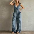 thumbnail image 2 of Morttic Women's Fashion Solid Color Ruffle Strap Wide Leg Jumpsuit – V-Neck Front Zipper Side Pockets Summer Beach One Piece Sea Blue，L, 2 of 6