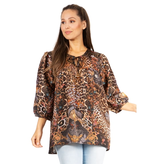 Sakkas Ligia Women's 3/4 Sleeve Casual Floral Loose Tunic Blouse Shirt Round Neck - 551-Black - S/M