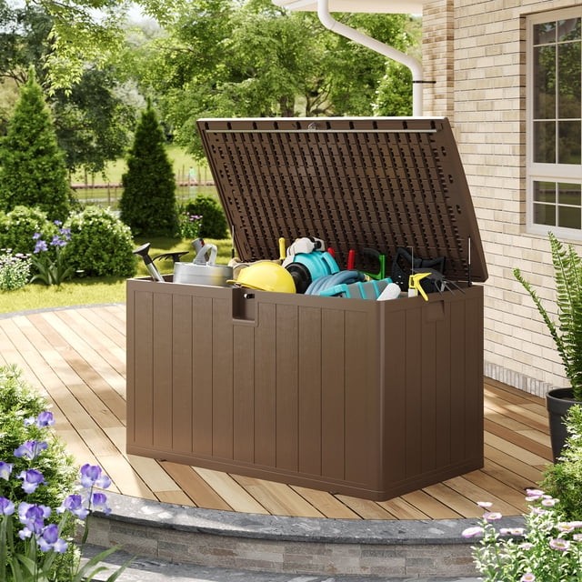 EDTara Coffre de Terrasse Extérieur en Résine, Contenant de Rangement Étanche de 130 Gallons avec Couvercle Verrouillable et Résistance aux Uv, Idéal pour le Rangement des Coussins de Jardin, de Cour Arrière Ou au Bord de la Piscine et de l'Équipement