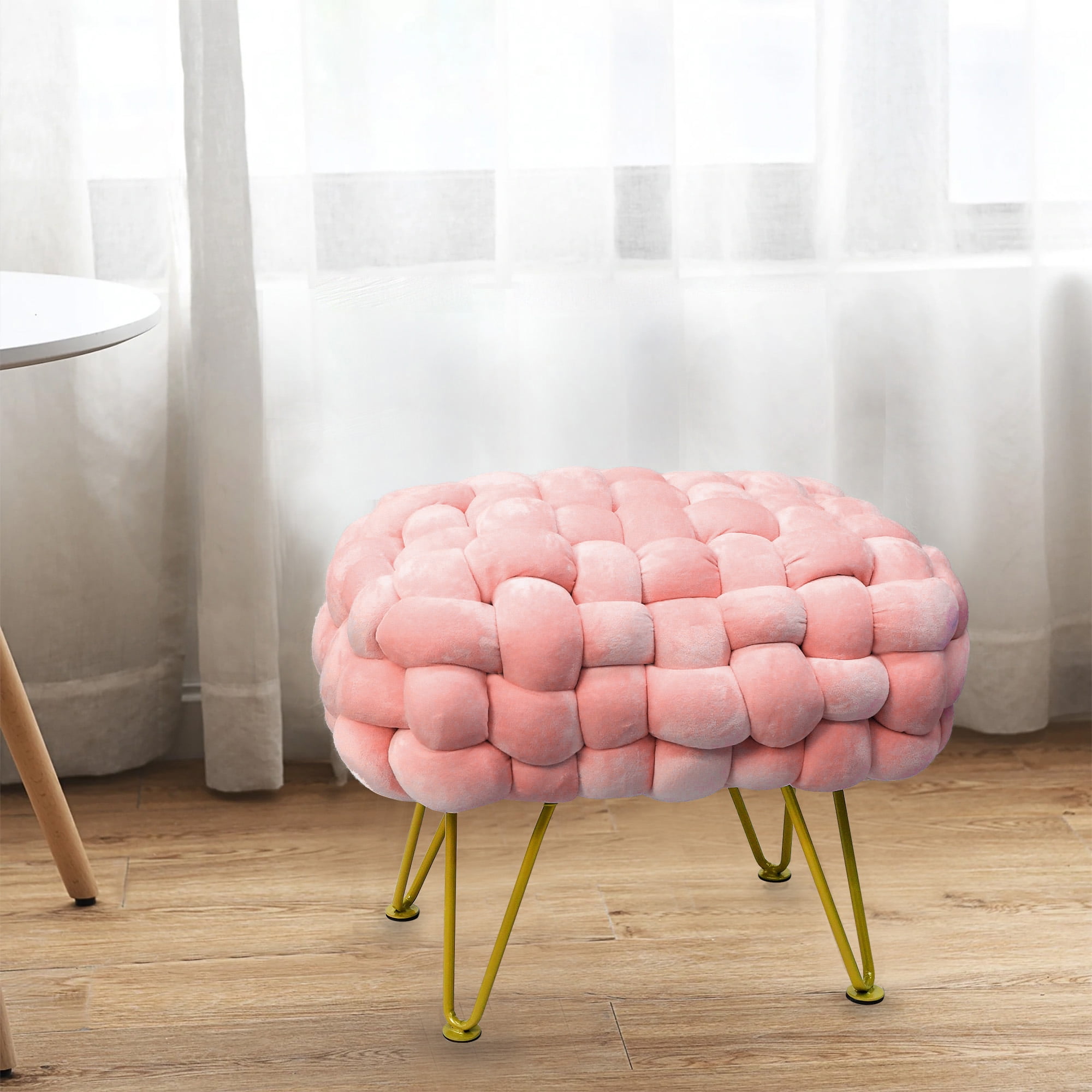 Low Footstool Pouffe Warwick Fabrics Plush Velvet Peony Pink Stool