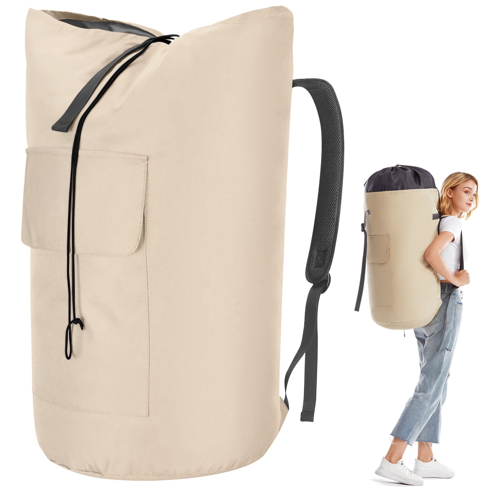 Wholesale Laundry Bag Backpack with Front Mesh Pocket - Khaki —