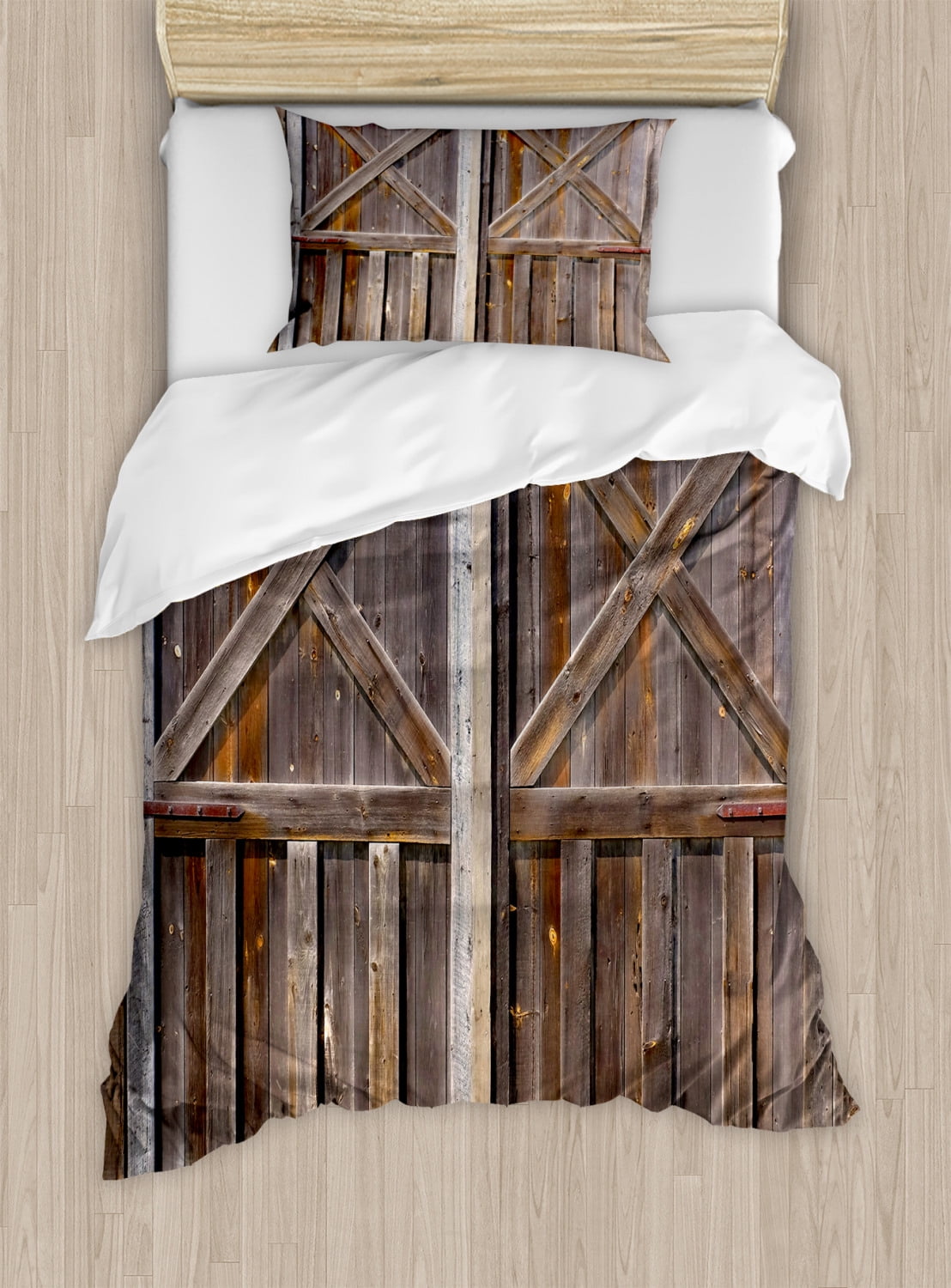 Rustic Twin Size Duvet Cover Set, Old Wooden Barn Door of Farmhouse Oak Countryside Village