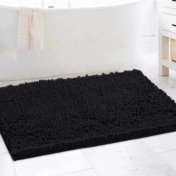 Alfombras de baño para baño, antideslizantes, de lujo, de chenilla, para baño, 47 x 17, extrasuaves y absorbentes, lavables, secas, de felpa, para baño, bañera, color gris y negro, 24 x 36 pulgadas