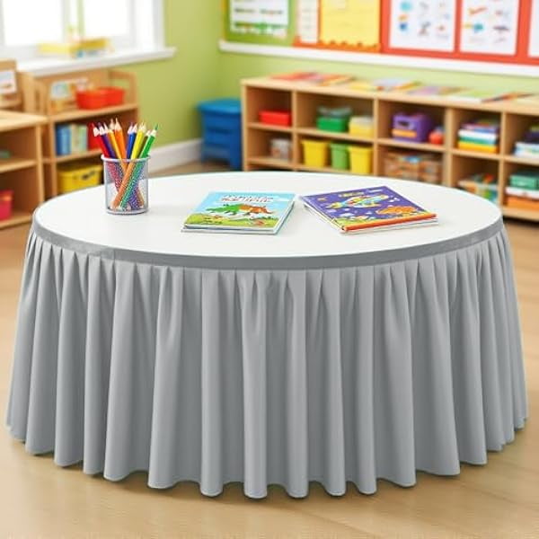 wonima02 9FT Table Skirt for Teacher Desk Rectangular Ruffle Tablecloth Skirt for Birthday Wedding School Themed Party Supplies, Grey