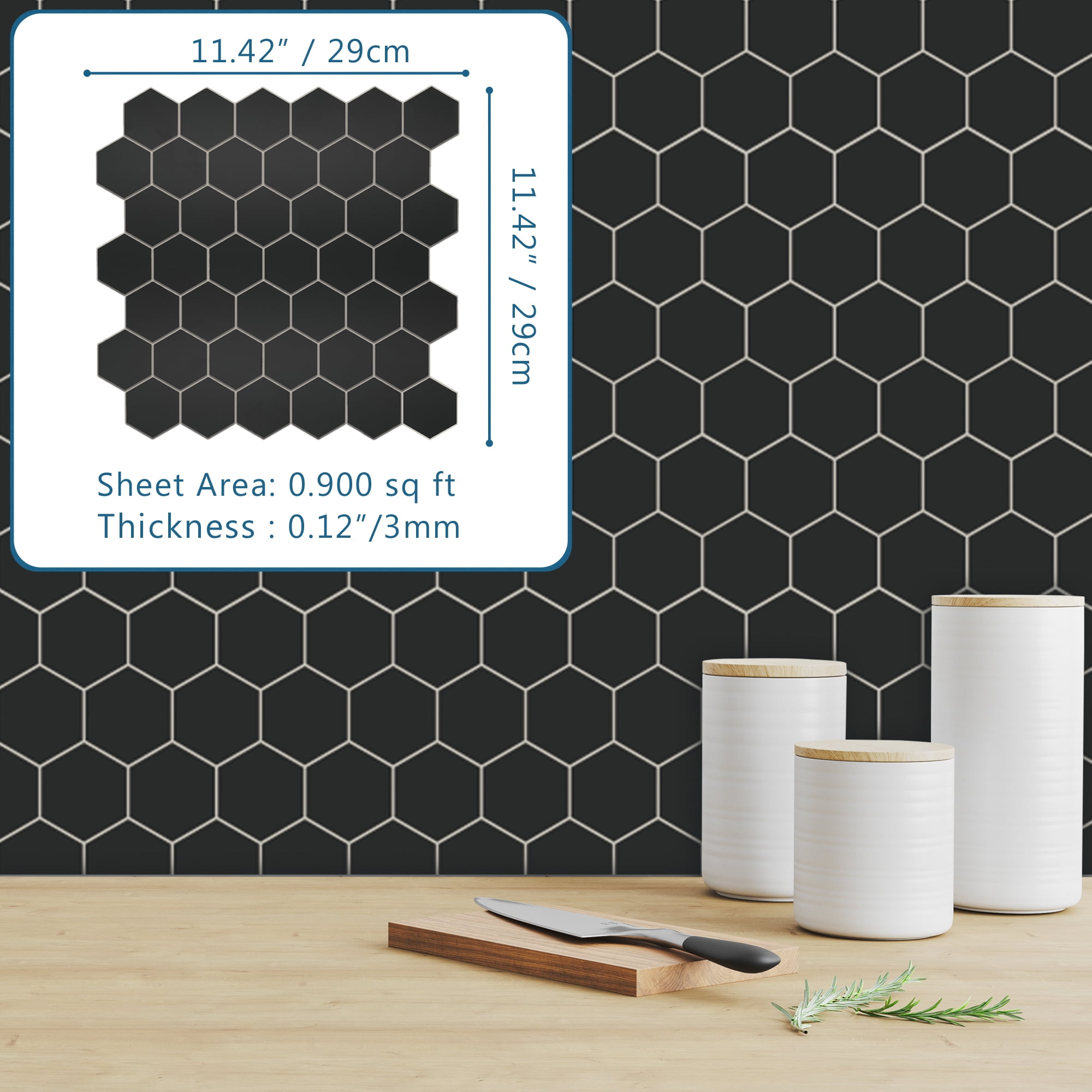 Sunwings Peel and Stick Backsplash Tile in Hexagon for Kitchen Bathroom Fireplace (10 Tiles,  Black)