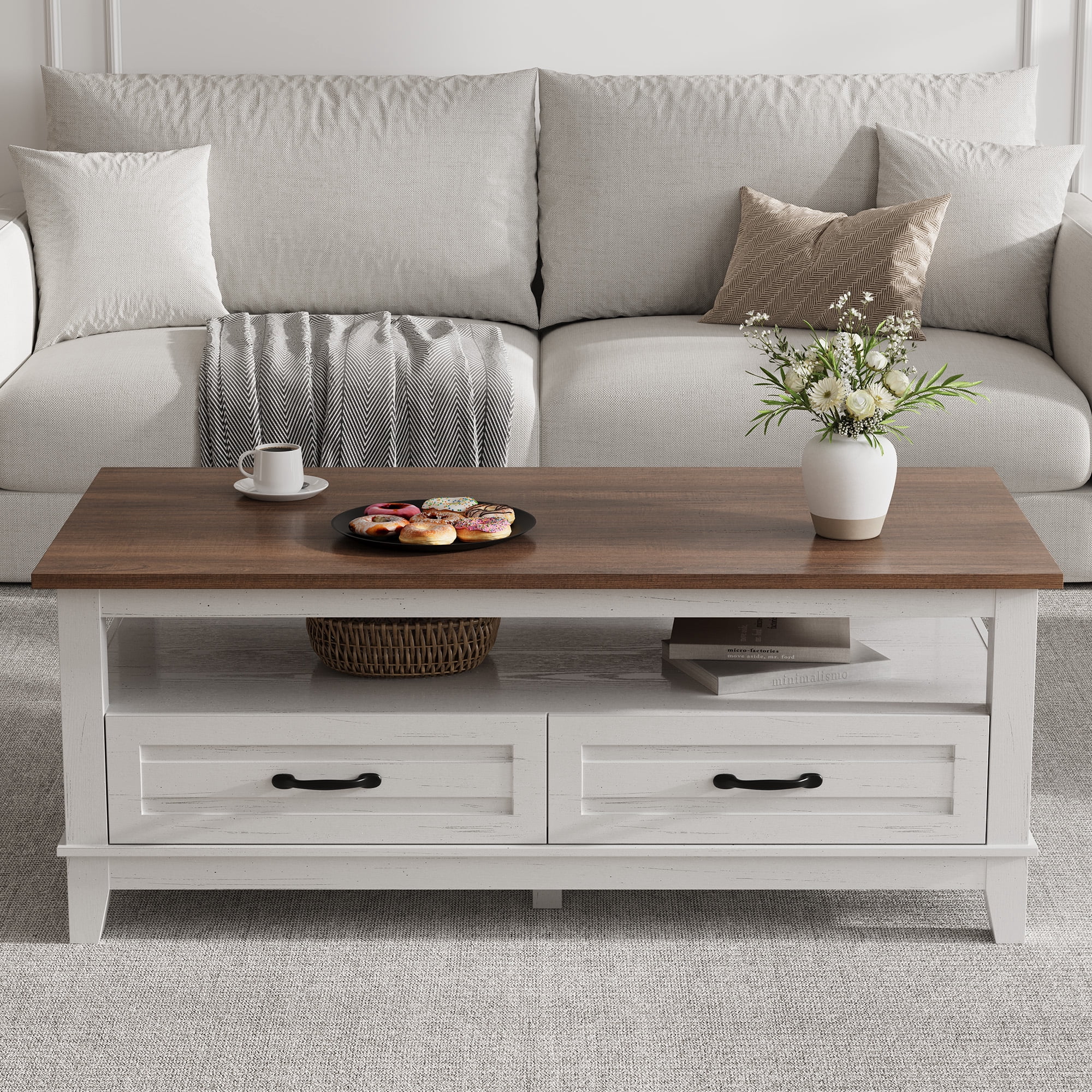 47.2" Farmhouse Coffee Table, Rustic Wood Coffee Table with 2 Storage Drawers and Open Shelf, Easy Assembly Living Room Table for Office, Parlor, Reading Room