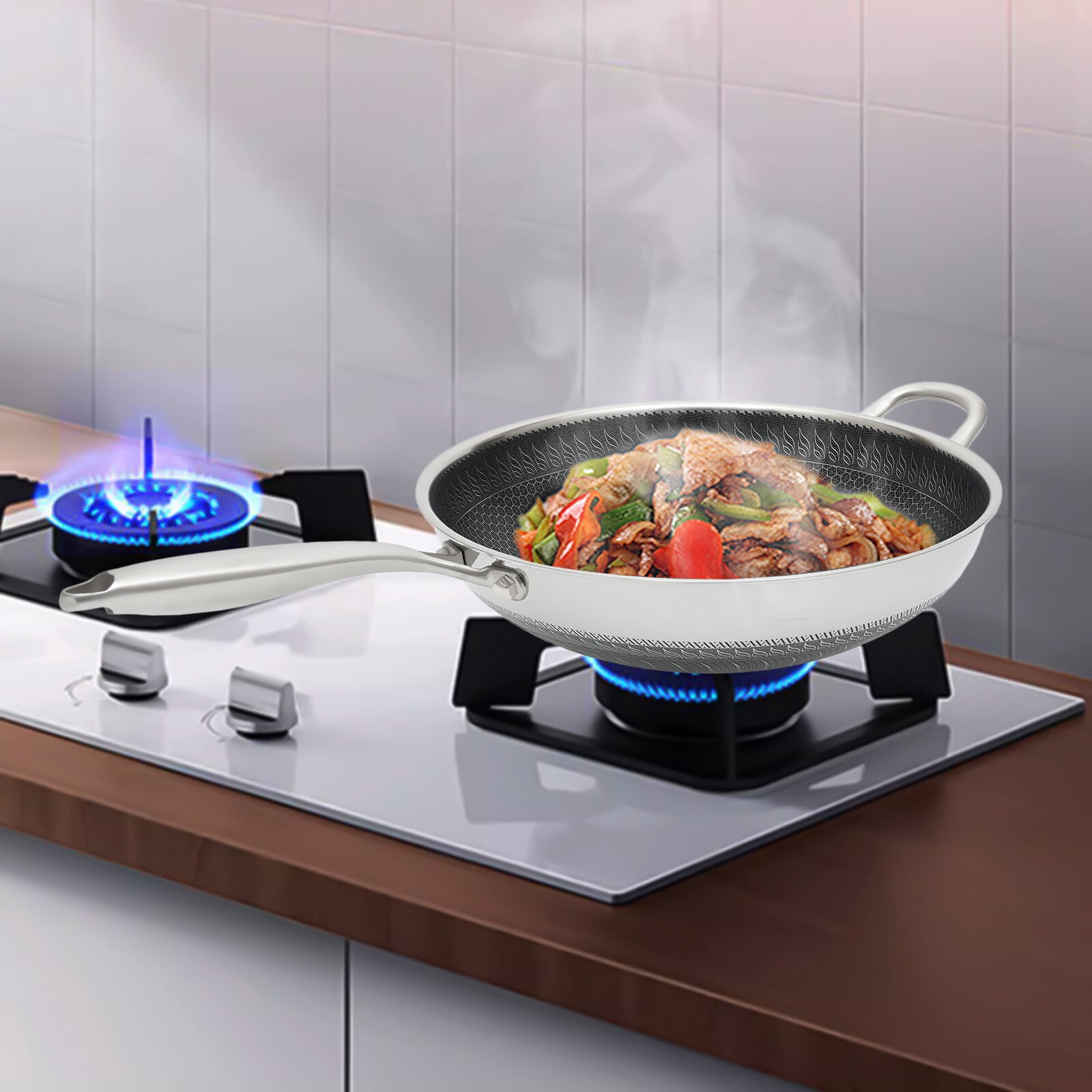 Stainless Steel Non Stick Double Sided Honeycomb Cooking Frying Pan Wok & Lid US
