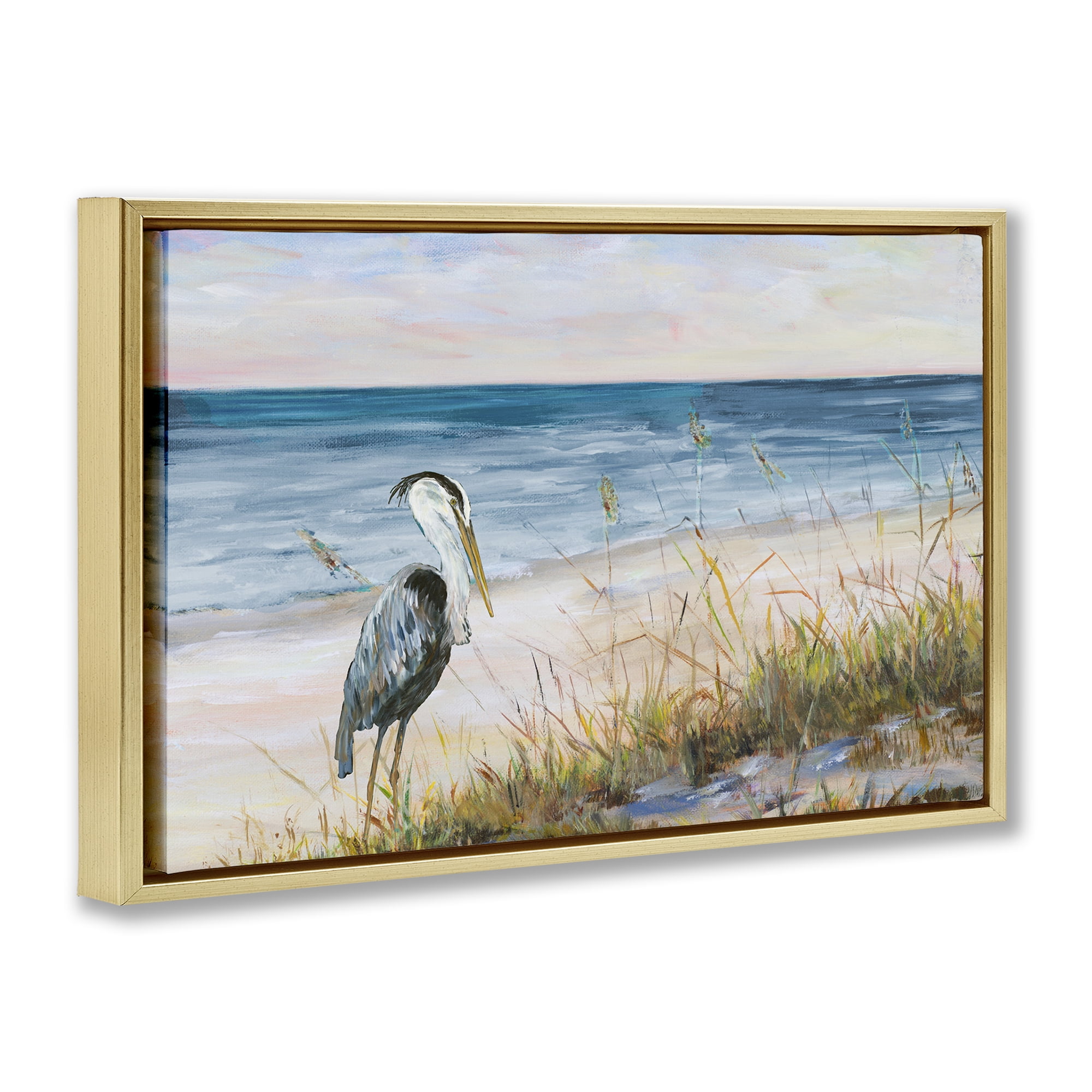 Stupell Industries Calm Pelican on Beach Landscape Painting Gold Floater Framed Canvas Art Print Wall Art, 31 x 21