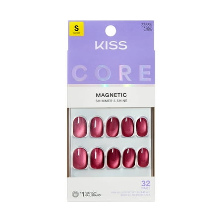 KISS CORE Magnetic Press On Nails, ‘Flaming’, Berry, Short Round, 32 Count