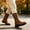 Brown, variant on Women's Retro Dual Buckle Strap Mid Calf Biker Boots, Soft Leather Back Zip Low Heel Booties, Stable Comfort Booties Black 6(36)