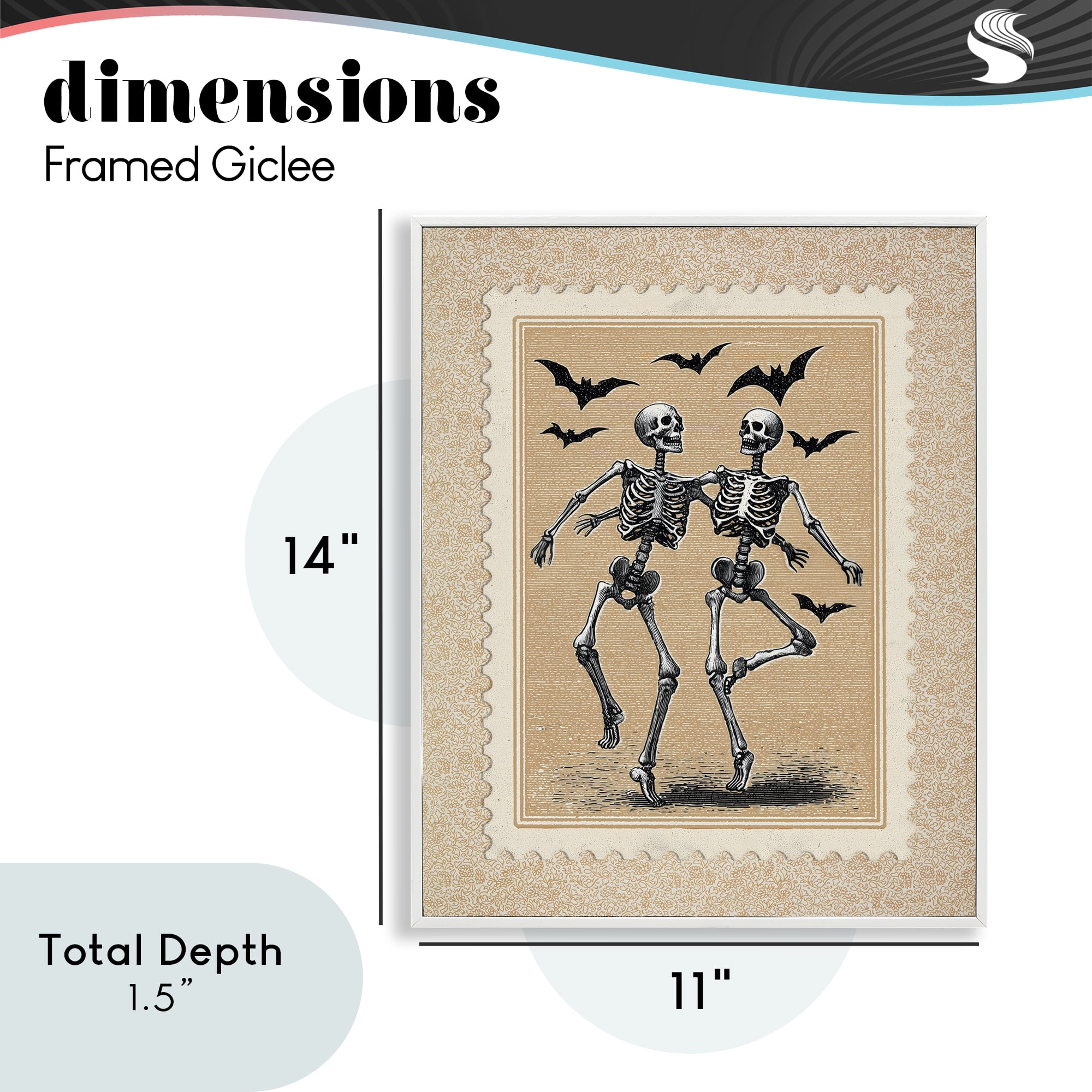 Vintage Dancing Skeletons Stamp White Framed Giclee Art, design by Arlington Prints