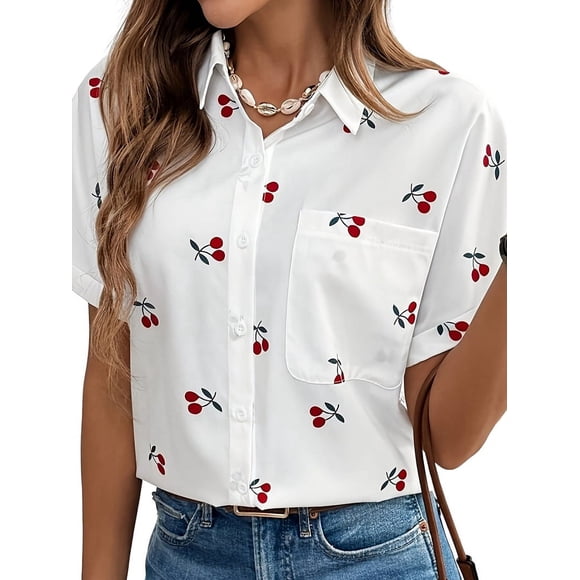 Women'S Cherry Print Short Sleeve Blouse Collar Button Down Textured Casual Shirts White M