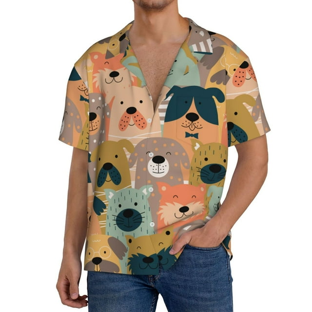 Xecao Colorful Dogs Pattern Men's Short-Sleeve Cuban Collar Button-Down Shirt with Chest Pocket Lightweight Tropical Vacation Shirt-Small
