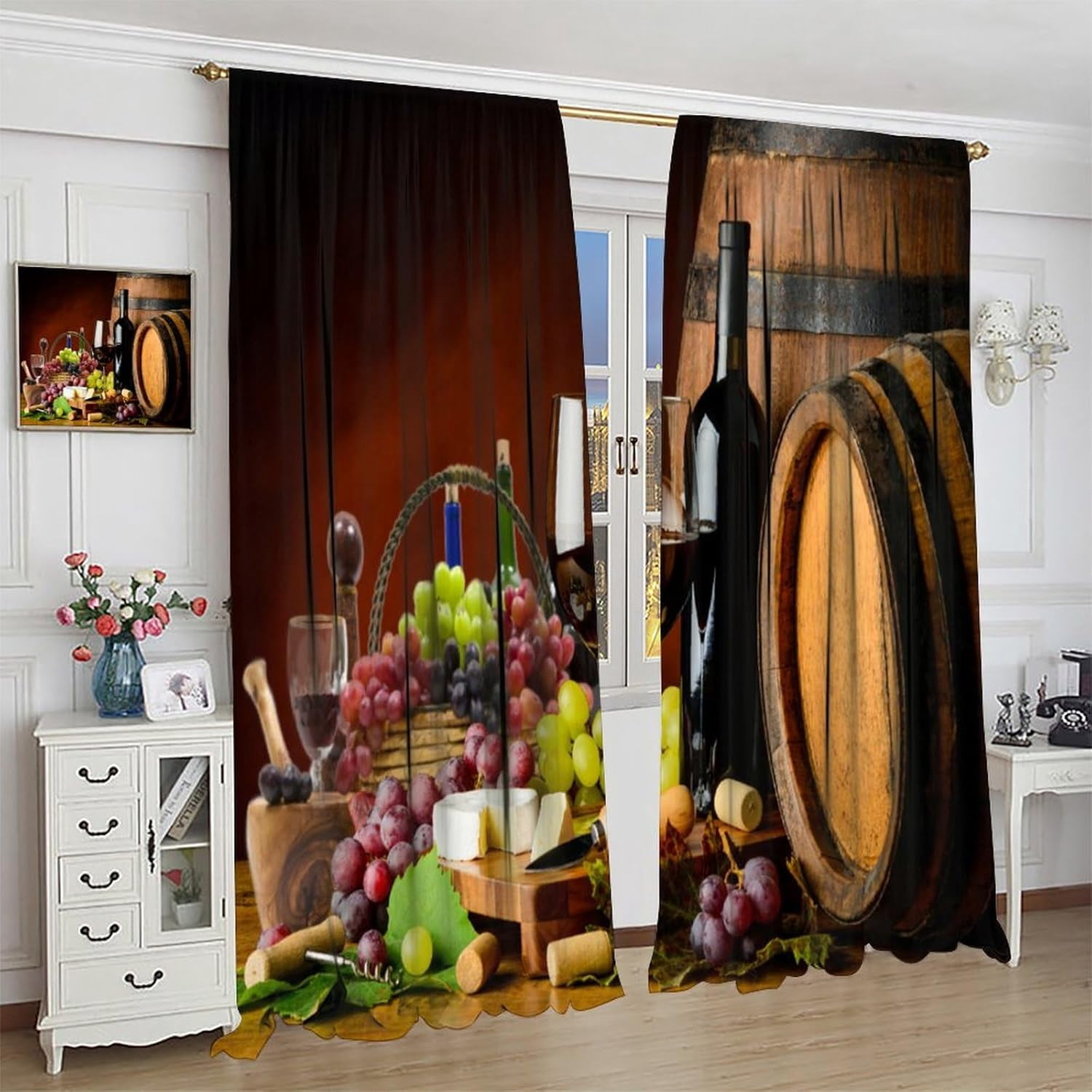 Red Wine Kitchen Curtains Vintage Grapes Brown Wood Barrel Curtain with Rod Pocket for Bedroom Living Room Home Decor Drapes Thermal Insulated Window Treatments 2 Panels Set 84x84in