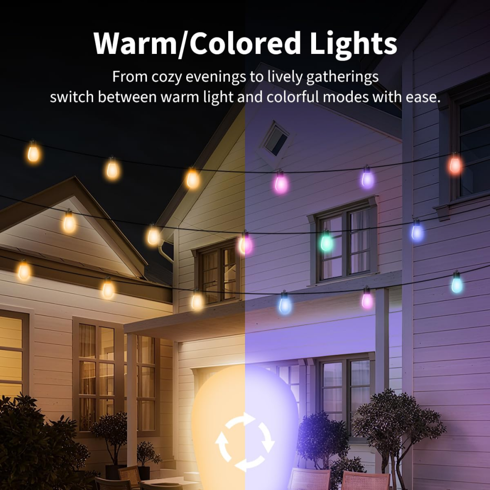 2 Pcs 48 Ft Christmas Smart Outdoor String Lights, RGB & Warm White Patio String Lights with 30 LED Bulbs, Works with APP Control, IP65 Waterproof for Decorations