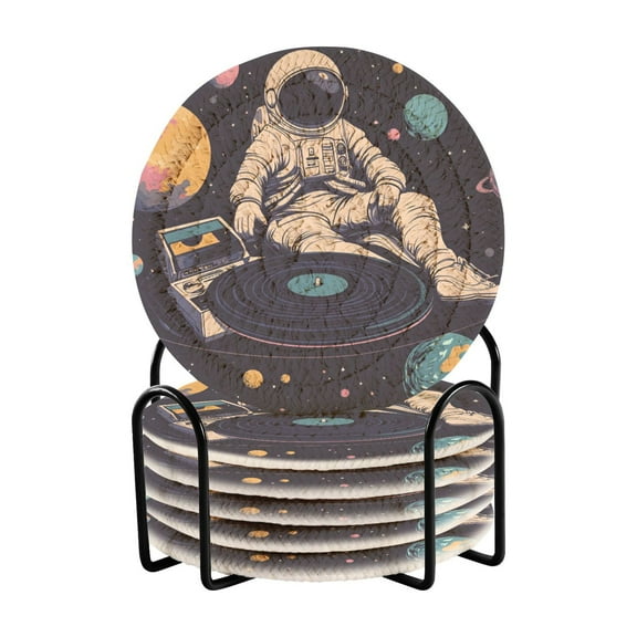 Yayeee 6 PCS Drink Coasters with Holder Set Woven Absorbent Round Tabletop Hot Pad, Pink Record
