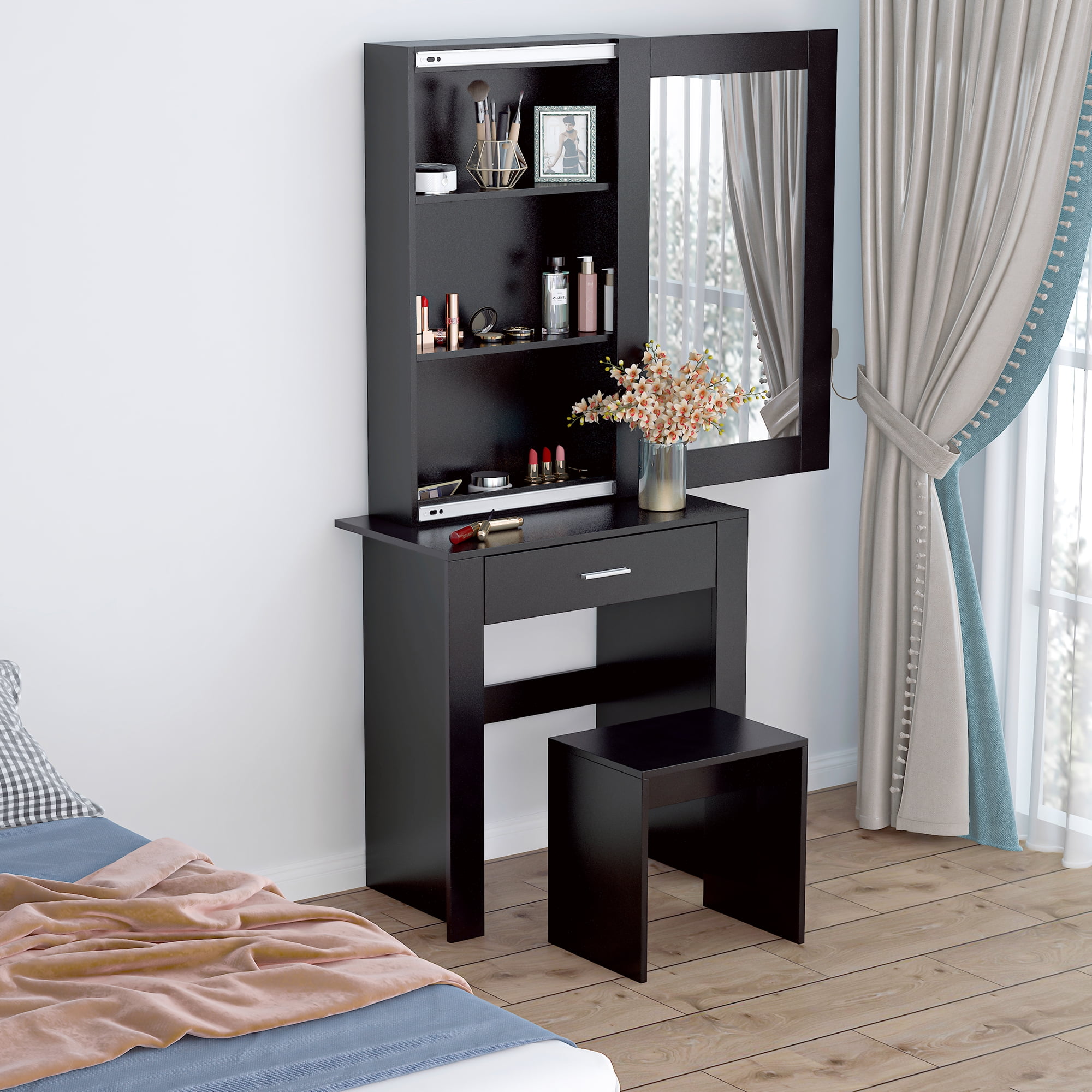 Resenkos Makeup Vanity Desk Set with Mirror & Stool, Bedroom Dressing Table with Large Drawers, Black
