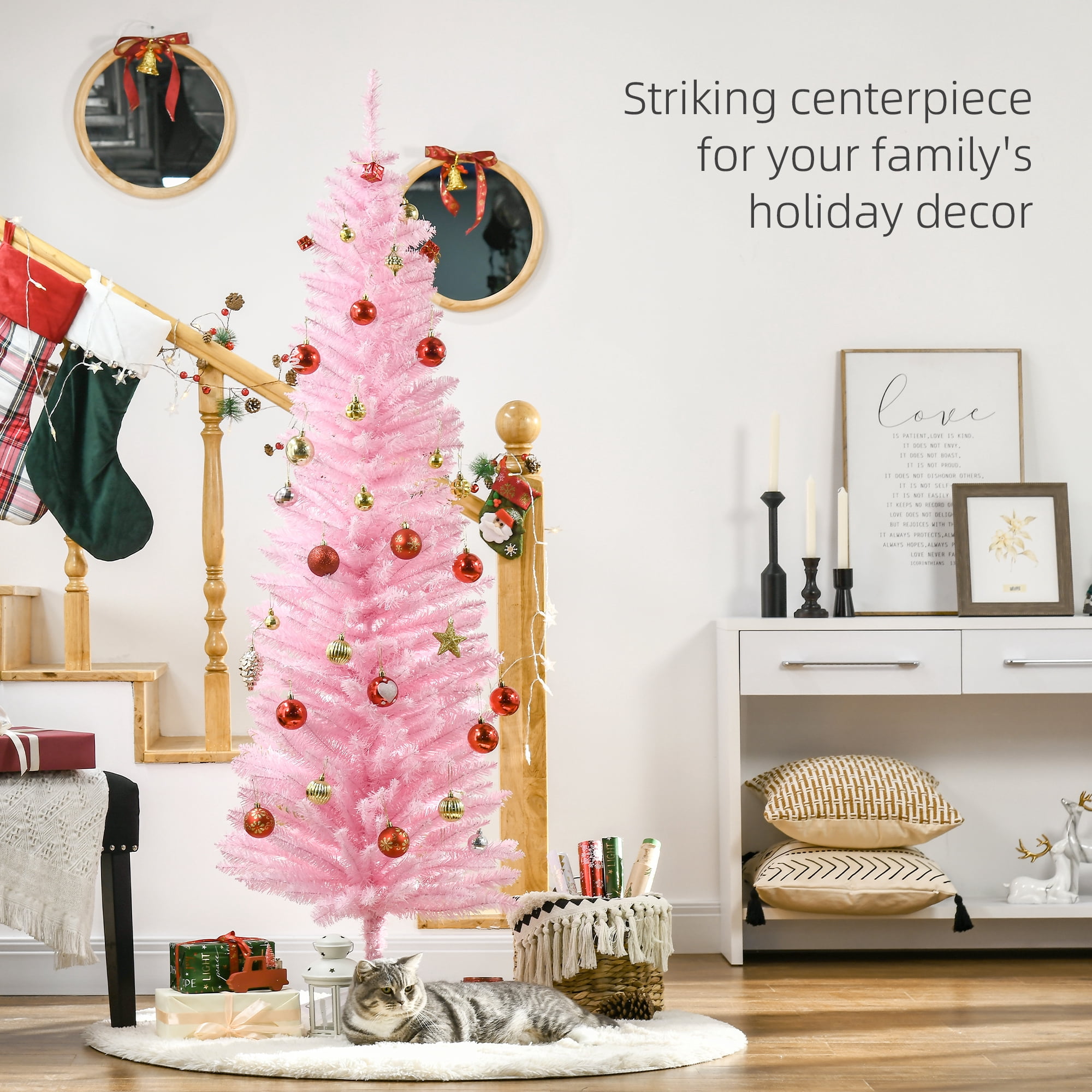 Astoutdoor Artificial Pencil Christmas Tree, Pink, 6 ft, 390 Tips, Plastic, Detachable Base