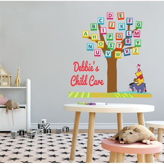 DAYCARE - Multicolored Vinyl Alphabet Cube Tree Decoration Bear Donkey & Design Adhesive Kids Playroom Wall Decal - Removable Daycare Personalized Name Lettering Art Wall Sticker 10" x 10"