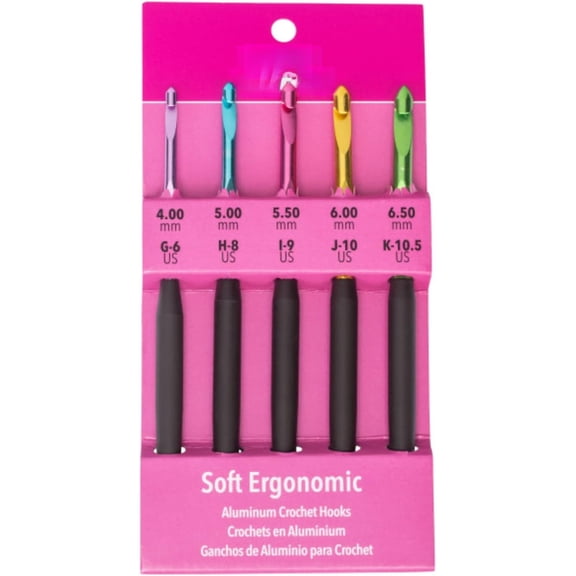 Silvalume Soft Ergonomic Crochet Hook Set, Sizes G/6 (4 mm) to K/10.5 (6.5 mm) for Comfortable Yarn Craft & Crochet Projects