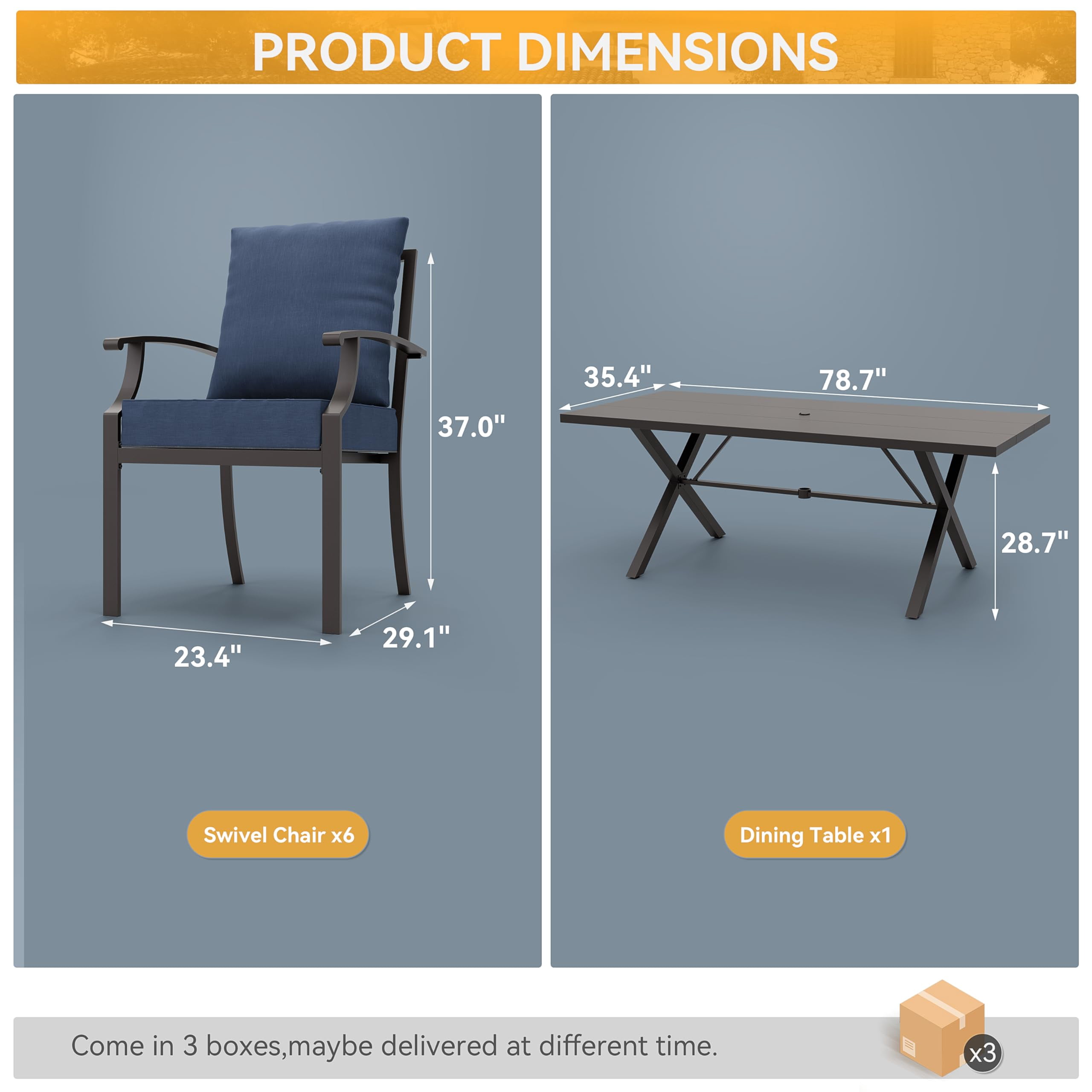 ALAULM 7-Piece Patio Dining Table and Chairs Outdoor Dining Set for 6 Patio Dining Sets with Rectangular Metal Table with Umbrella Hole for Patio, Backyard, Garden-Navy Blue