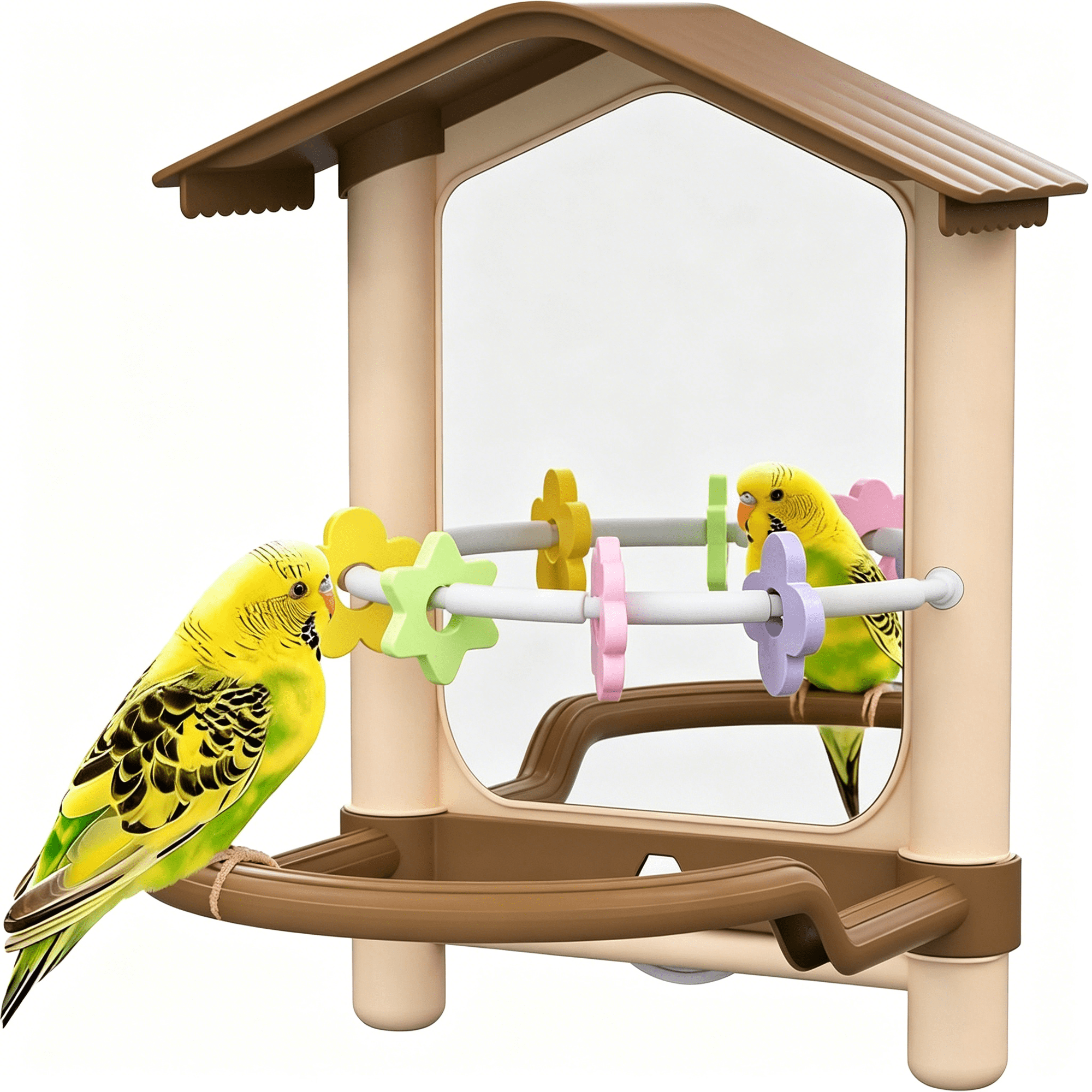 BESTSKY 8.1In Pet Bird Mirror with Perch Stand and Parakeet Chew Toys,Parrot Toys Bird Cage Decorative Accessory,Helps Birds Release Stress for Canaries Budgies Lovebirds Conures Cockatiels(Brown)