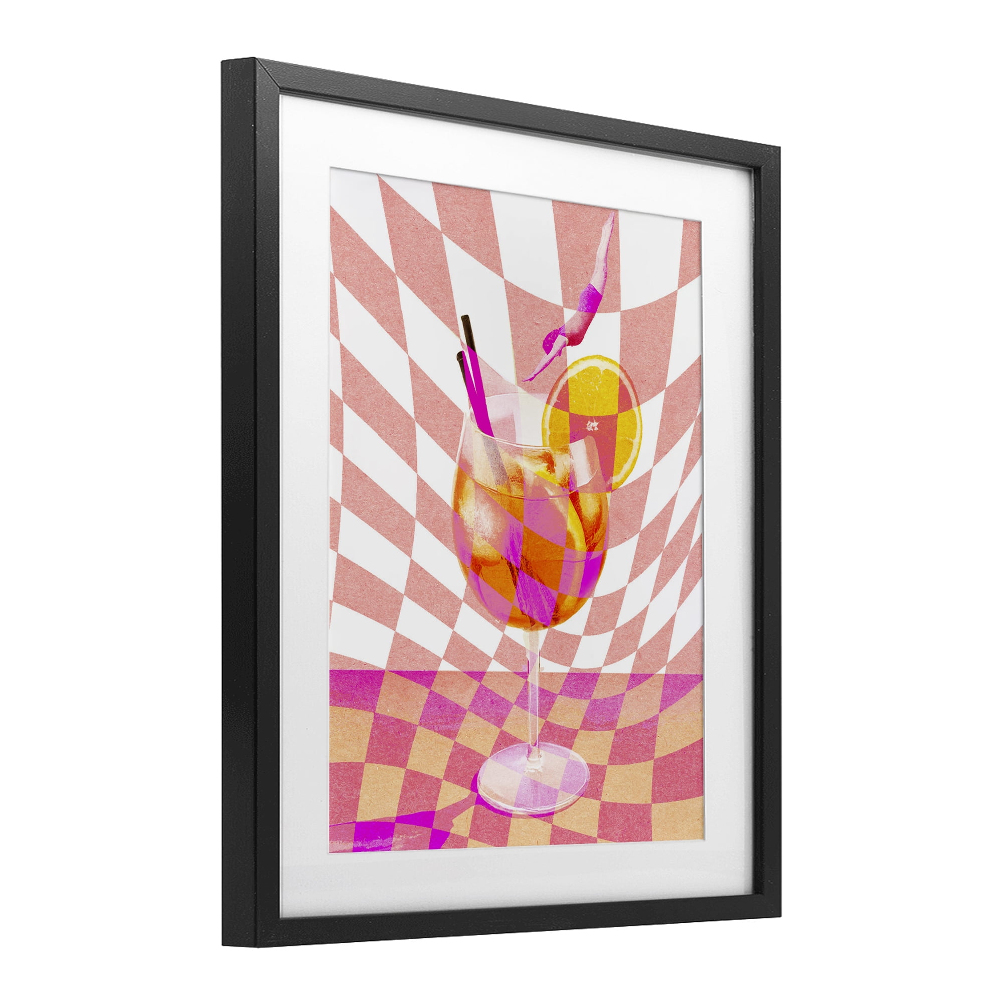 Retro Checkered Summer Cocktail Black Framed Print Under Glass, design by Lil' Rue