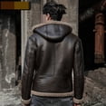 thumbnail image 2 of Men's Winter Coat Genuine Sheepskin Lambskin Leather Shearling Jacket for Motorcyclist Biker with a Hood Thick Wool Liner Brown Plus Size 58 60 62,48,Brown, 2 of 3