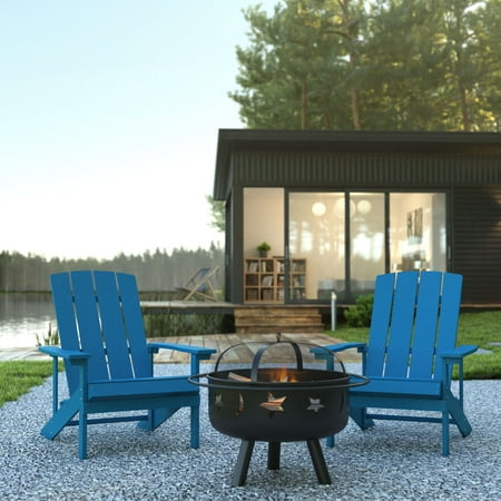 Flash Furniture Charlestown 3 Pcs Iron Wood Burning Fire Pit Set With Adirondack Chairs Blue