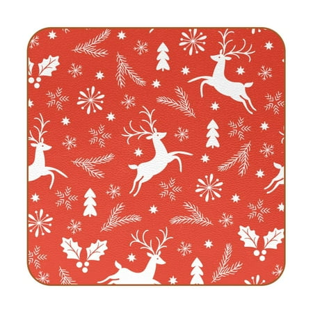 

OWNTA Christmas Elk Snowflakes Leaves Pattern Premium 6-Piece Square Coaster Set in Microfiber Leather - Non-Slip & Absorbent Cup Mats