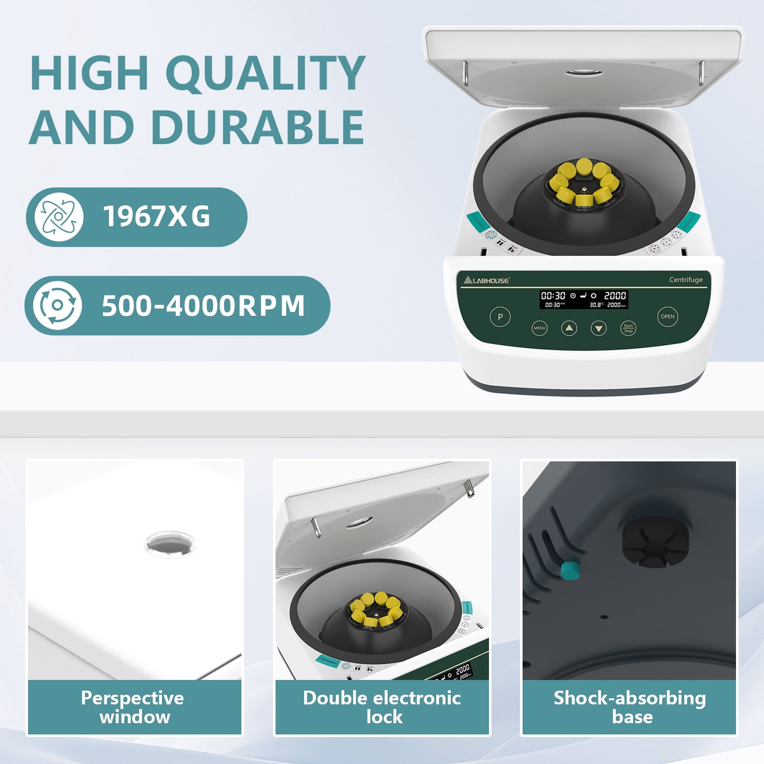 LABHOUSE Centrifuge Machine PRP PRF 2ml-5ml/10ml/15mlx8, Digital Speed 500-4000rpm 1967xg RCF Benchtop Centrifuge with 9-Program Storage & Timer 30sec-99min for Labs Use