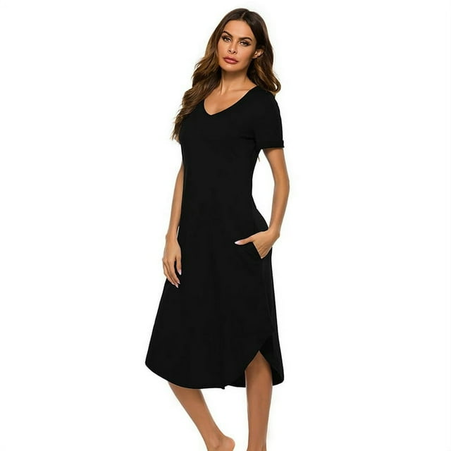 Chemises de Nuit à Manches Courtes pour Femmes, Col en V, Longueur Complète, Grande Taille
