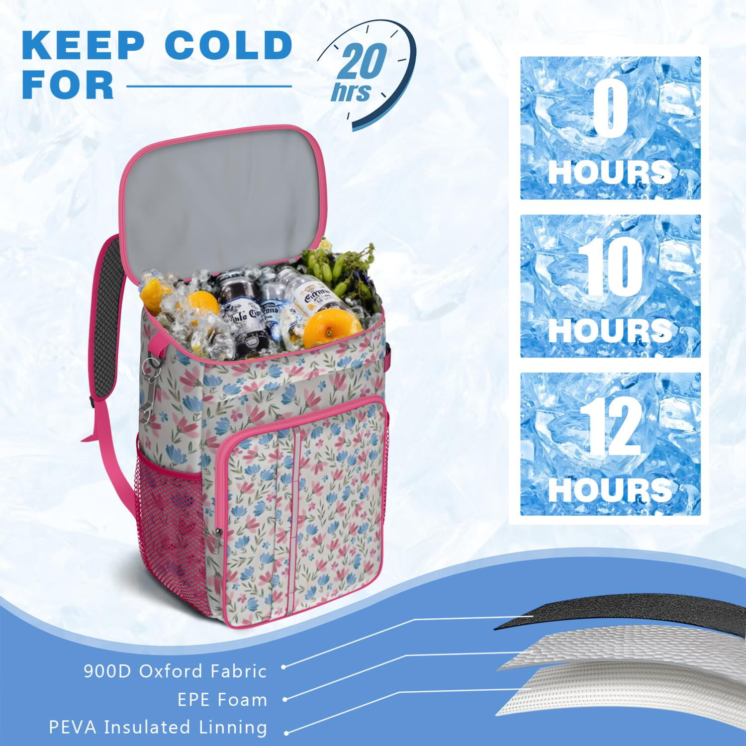Travel Cooler Bag - Pioneer Flower Floral Print Pattern Camping Beer Cooler Backpack with Bottle Opener- Waterproof Insulated Picnic Backpacks - Cooler Bag for Beach