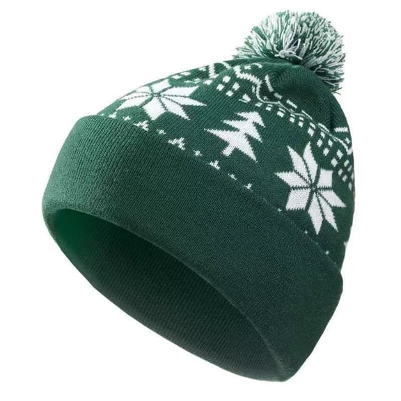FAIOROI Christmas Beanie Hat for Womens Mens Winter Knit Pom Pom Snowflake Tree Cuffed Skull Cap Warm Holiday Green