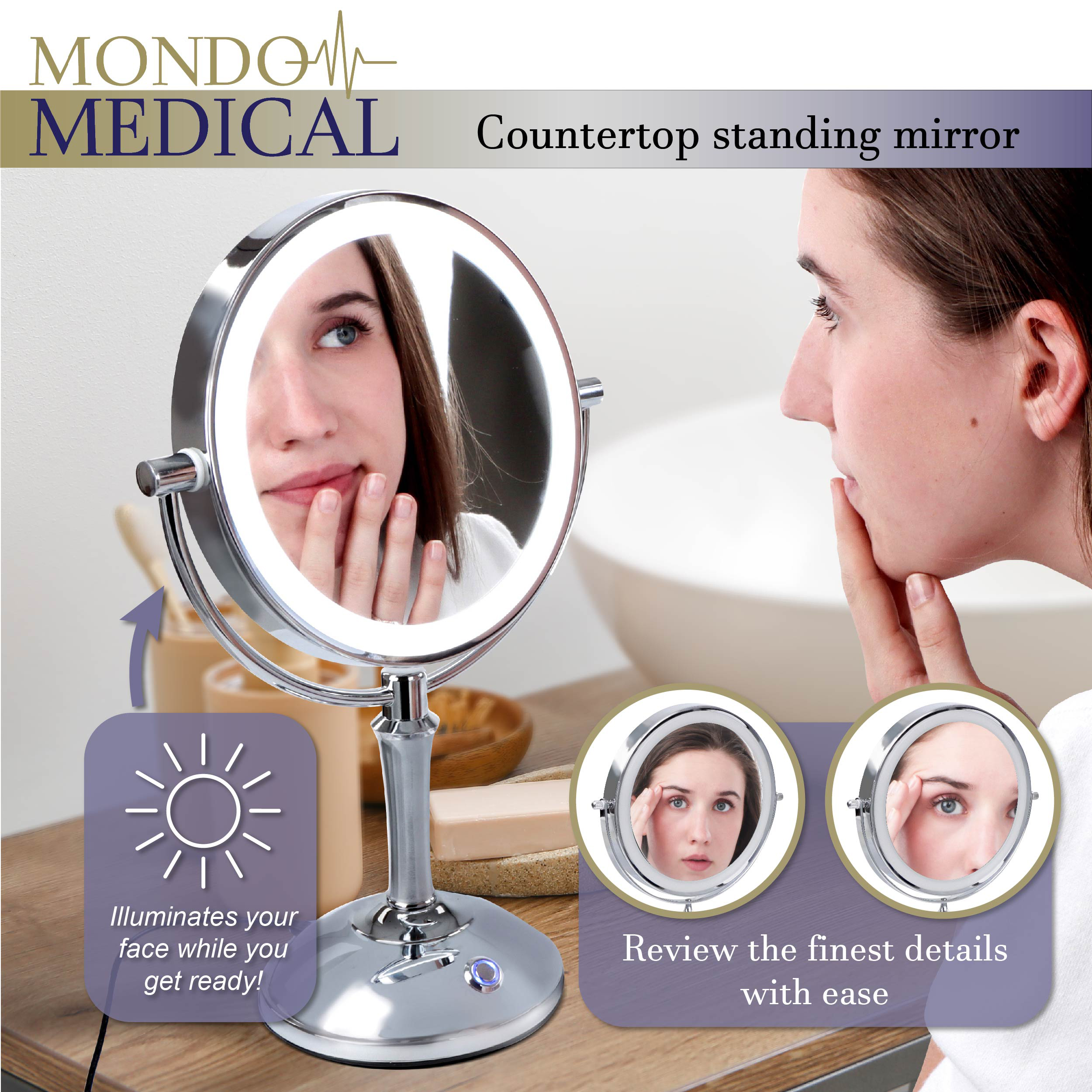 YMHSOLDR Wall Mount Makeup Mirror With Lights - 1X & 10X Magnification, Chrome Finish