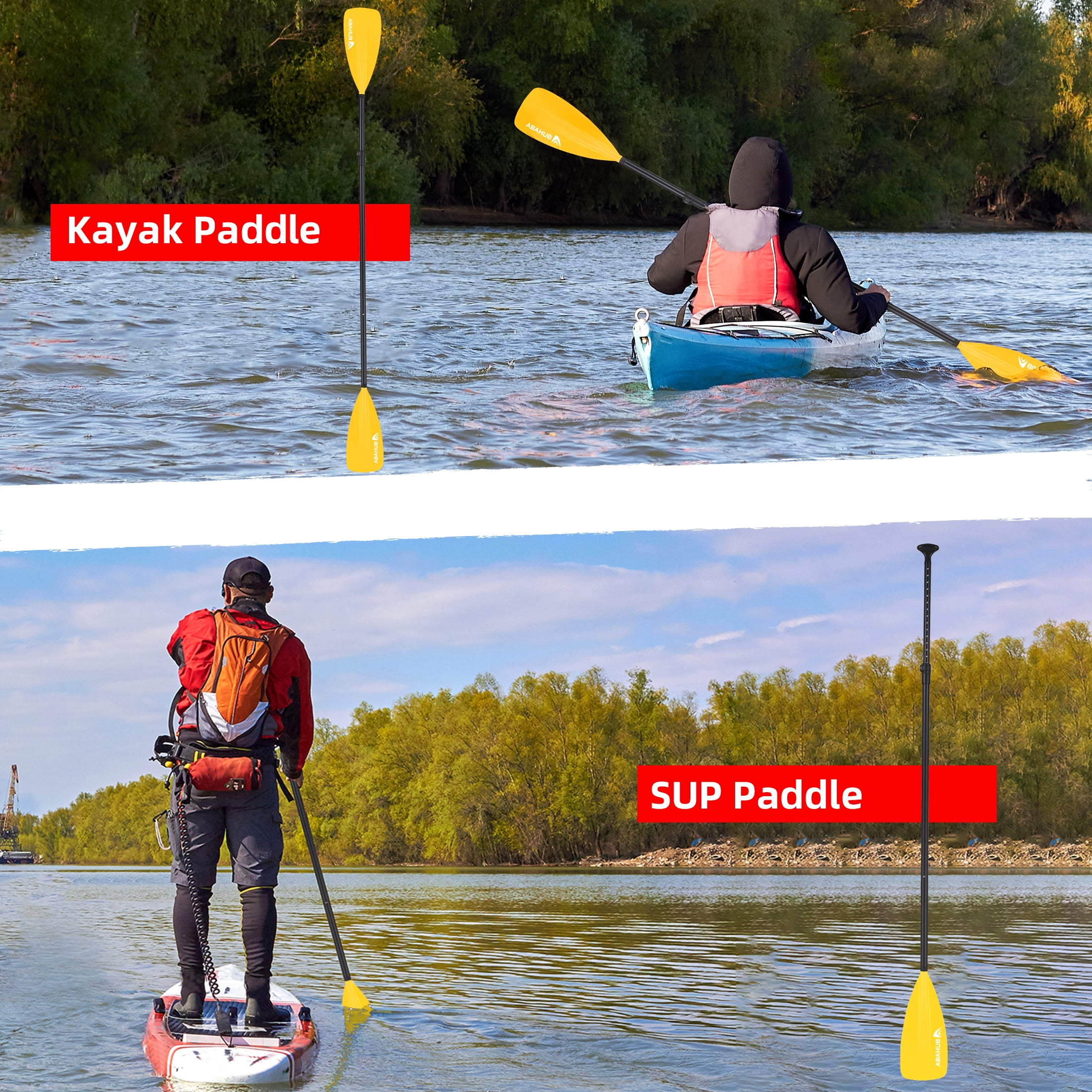 AbahubFit Paddle Oars for SUP and Kayak 2-IN-1, Adjustable Lightweight Paddle (4-Piece), Aluminum Shaft 68-84"(Yellow)