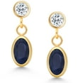 thumbnail image 2 of Gem Stone King 14K Yellow Gold Blue Sapphire and White Topaz Drop Dangle Earrings for Women (1.38 Cttw, Gemstone Birthstone, Oval 6X4MM, Round 3MM), 2 of 4