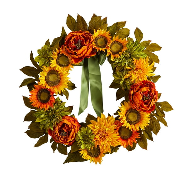 Nearly Natural All Occasion Peony Dahlia Sunflower Artificial Wreath, 24" (Multicolor)