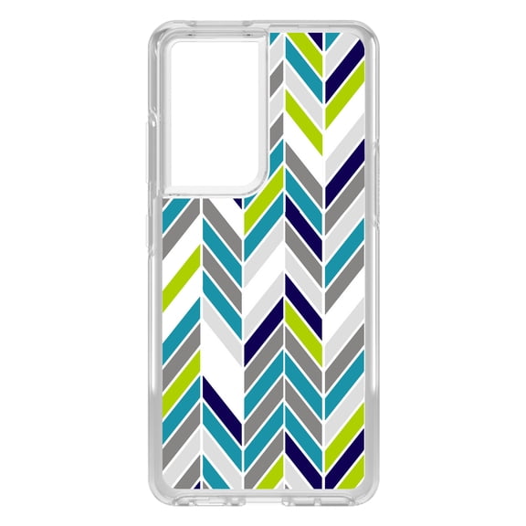 DistinctInk Clear Shockproof Hybrid Case for Galaxy S21 ULTRA 5G (6.8" Screen) - TPU Bumper, Acrylic Back, Tempered Glass Screen Protector - Teal Navy Grey Herringbone