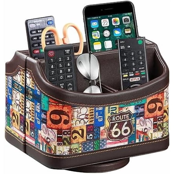 Remote Control Holder, Colorful Pattern Nightstand TV Caddy, PU Leather 360 Degrees Rotatable Desktop Organizer Storage Box for TV Remotes/Media Controllers/Office Supplies