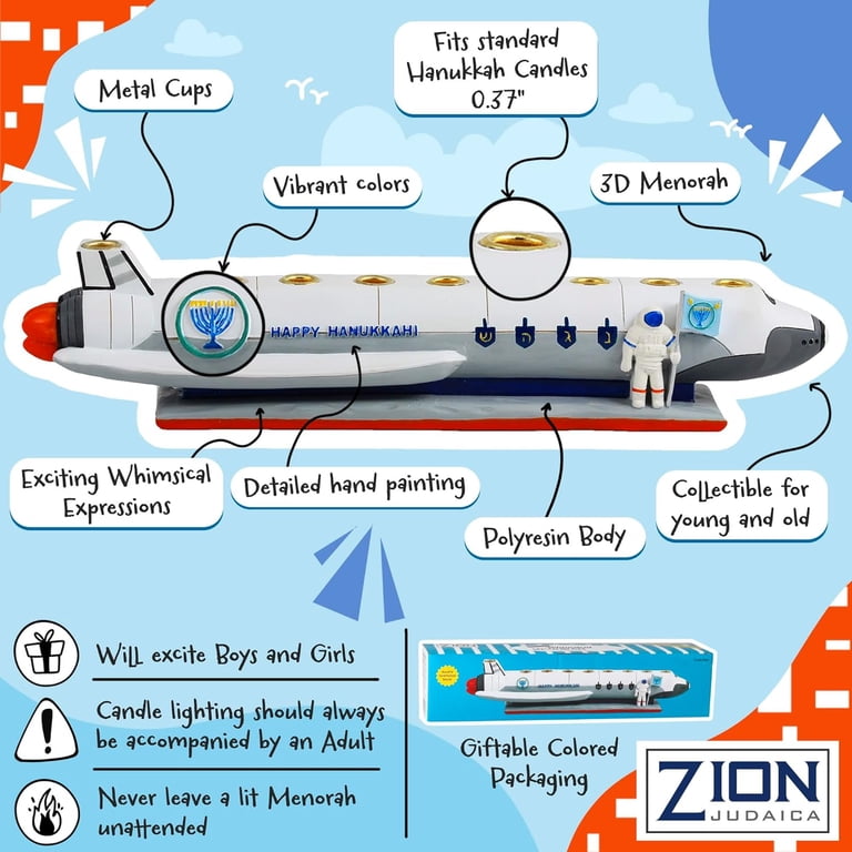 Zion Judaica Spaceship Kids Menorah, Hand Painted Polyresin photo 3