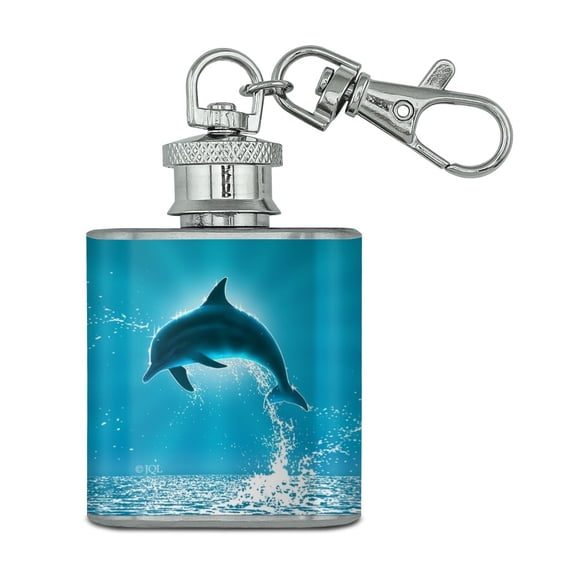 Leaping Dolphin Ocean Light Stainless Steel 1oz Mini Flask Key Chain
