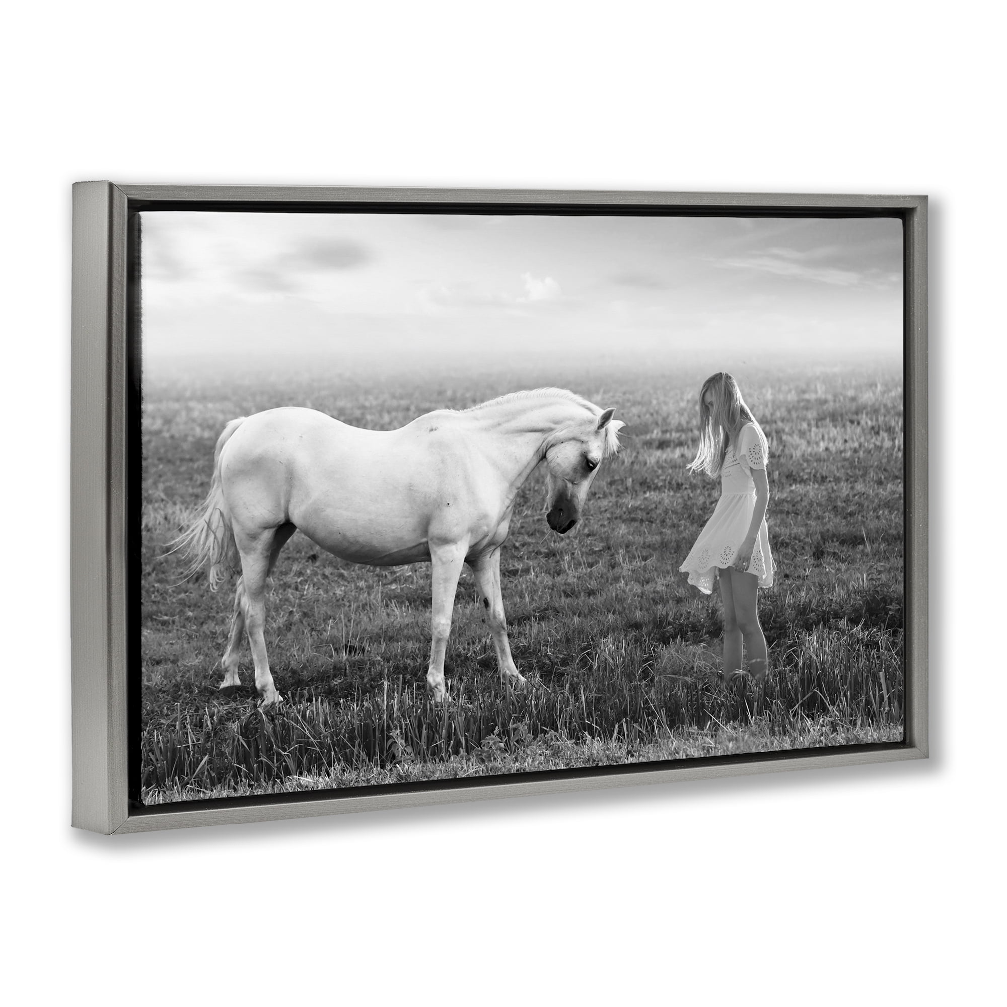 Her White Horse Gray Framed Floater Canvas Wall Art, design by Ata Alishahi